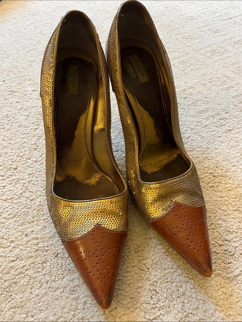 Prada Gold Sequin Pumps with Brown Pointed Toe